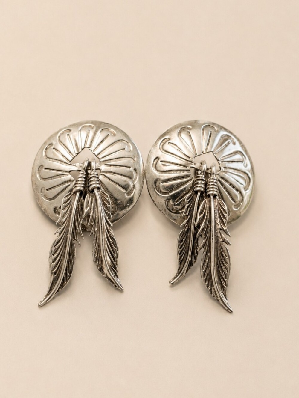 TRUE VINTAGE Concho Earrings Feather Native American Novajo Sterling Silver